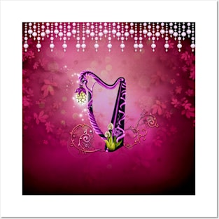 Wonderful elegant harp and flowers Posters and Art